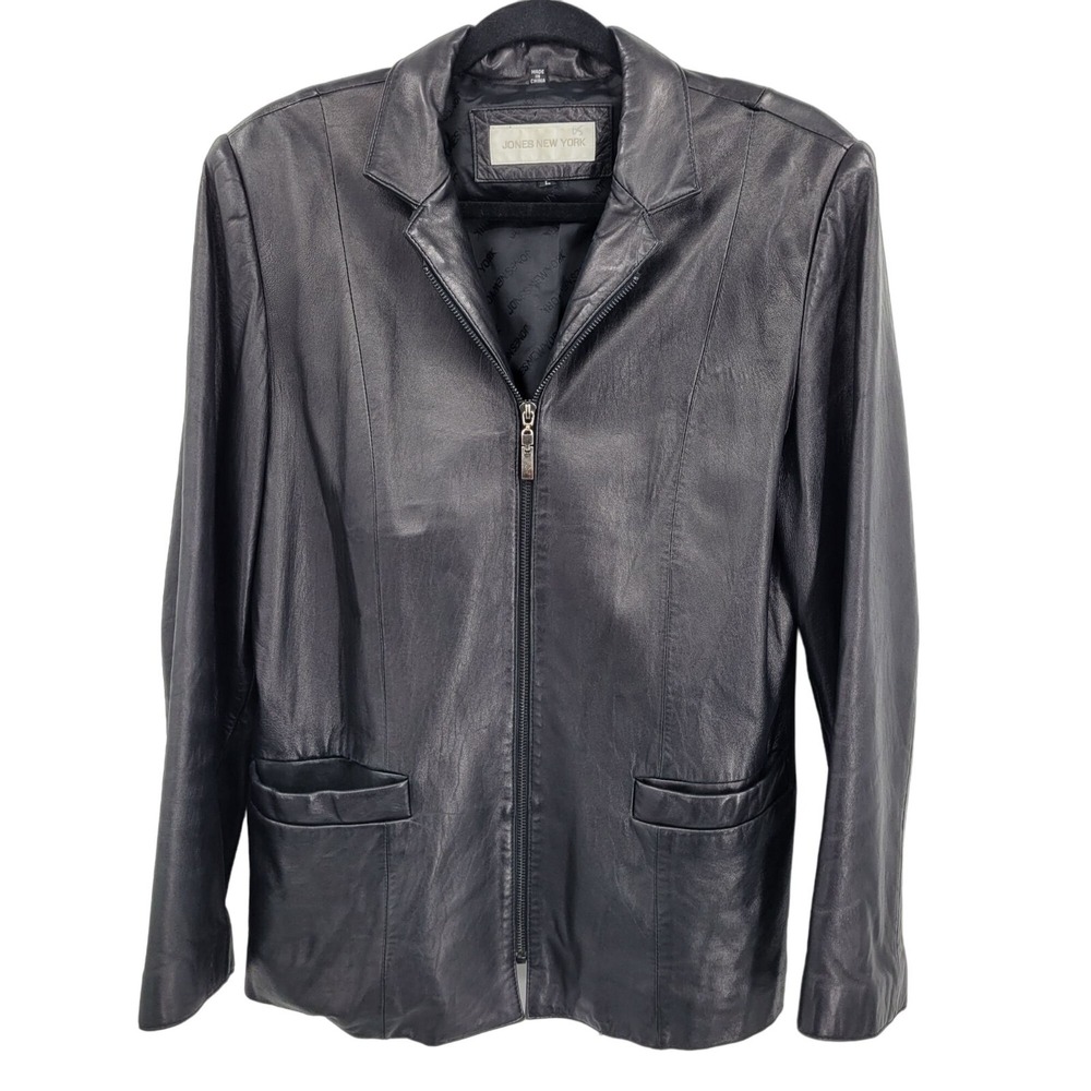 Vtg 90s Jones New York‎ Buttery Leather Moto Blazer Jacket Coat L Black Zip Up